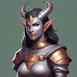 A digital art illustration of a kind-looking Tiefling character from Dungeons and Dragons