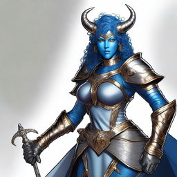 A high-quality digital art image of a Dungeons & Dragons character, a Tiefling with blue skin