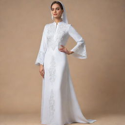 An elegantly designed white prayer dress adorned with intricate embroidery, sketched in a striking fashion illustration style