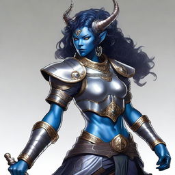 A high-quality digital art image of a Dungeons & Dragons character, a Tiefling with blue skin