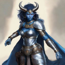 A high-quality digital art image of a Dungeons & Dragons character, a Tiefling with blue skin