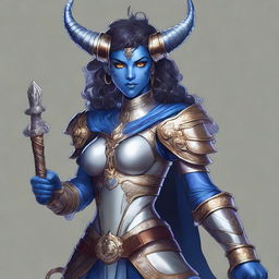 A high-quality digital art image of a Dungeons & Dragons character, a Tiefling with blue skin