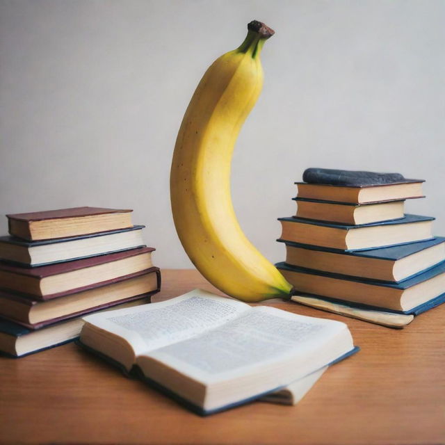 A melancholic banana overwhelmed with books and study materials, displaying a sense of despair.