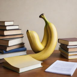 A melancholic banana overwhelmed with books and study materials, displaying a sense of despair.