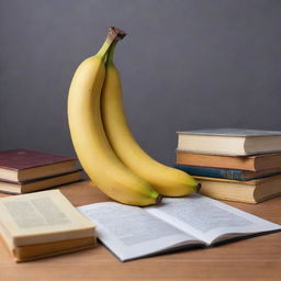 A melancholic banana overwhelmed with books and study materials, displaying a sense of despair.