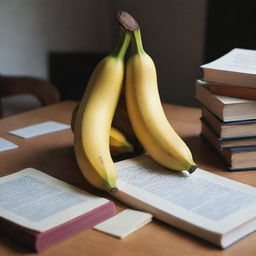 A melancholic banana overwhelmed with books and study materials, displaying a sense of despair.