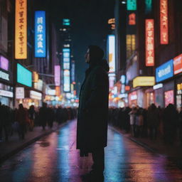 A man enveloped by the lights and vivid colors of a bustling city at night, deeply absorbed in its atmosphere.