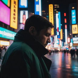 A man enveloped by the lights and vivid colors of a bustling city at night, deeply absorbed in its atmosphere.