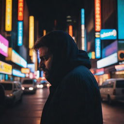 A man enveloped by the lights and vivid colors of a bustling city at night, deeply absorbed in its atmosphere.