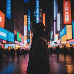 A man enveloped by the lights and vivid colors of a bustling city at night, deeply absorbed in its atmosphere.