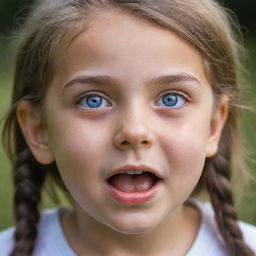 A young girl showing a range of vivid, powerful emotions, her eyes welling up and brimming with expressive intensity.