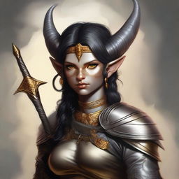 This digital art depicts a kind yet strong Teifling with grey skin and dark hair