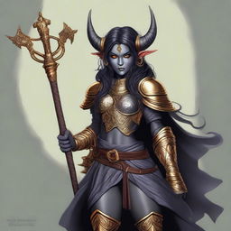 This digital art depicts a kind yet strong Teifling with grey skin and dark hair