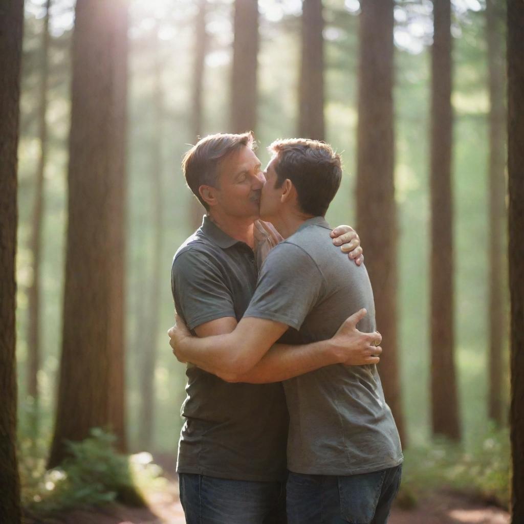 A heartwarming scene of a father embracing his son in a breathtaking forest, sunlight filtering through the trees enhancing their expressions of love and happiness.