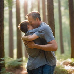 A heartwarming scene of a father embracing his son in a breathtaking forest, sunlight filtering through the trees enhancing their expressions of love and happiness.