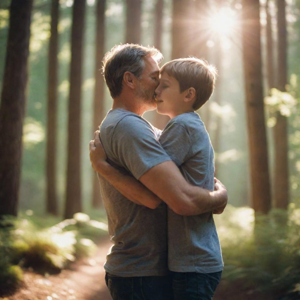 A heartwarming scene of a father embracing his son in a breathtaking forest, sunlight filtering through the trees enhancing their expressions of love and happiness.