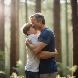 A heartwarming scene of a father embracing his son in a breathtaking forest, sunlight filtering through the trees enhancing their expressions of love and happiness.