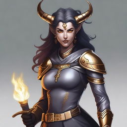 A digital art illustration of a strong yet kind-hearted Tiefling woman with grey skin and dark hair