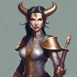 A digital art illustration of a strong yet kind-hearted Tiefling woman with grey skin and dark hair