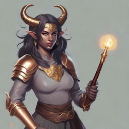 A digital art illustration of a strong yet kind-hearted Tiefling woman with grey skin and dark hair