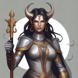 A digital art illustration of a strong yet kind-hearted Tiefling woman with grey skin and dark hair