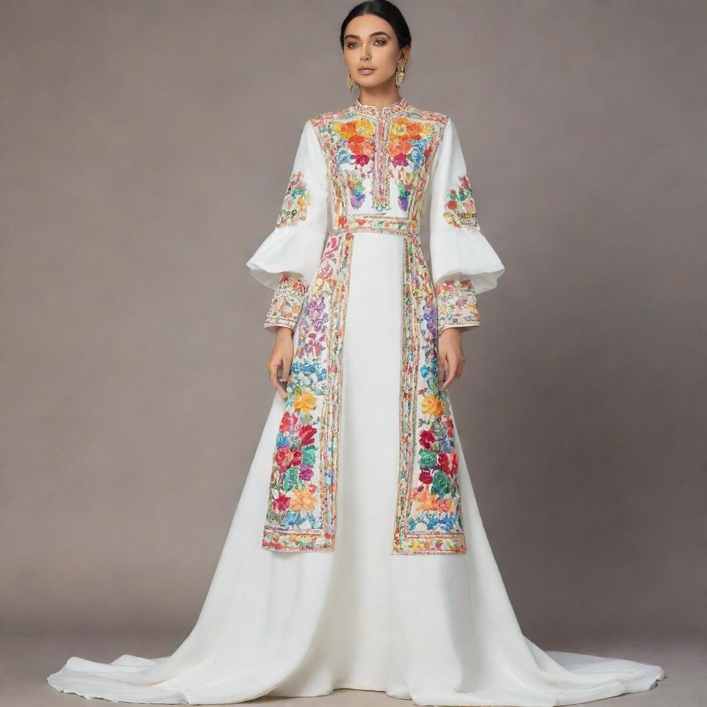 A cartoon-style image of a VIP prayer dress in off white color, adorned with vibrant, multi-coloured embroidery. The dress features unique, fashion-forward cuts