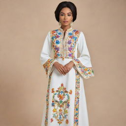 A cartoon-style image of a VIP prayer dress in off white color, adorned with vibrant, multi-coloured embroidery. The dress features unique, fashion-forward cuts