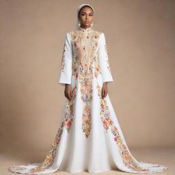 A cartoon-style image of a VIP prayer dress in off white color, adorned with vibrant, multi-coloured embroidery. The dress features unique, fashion-forward cuts