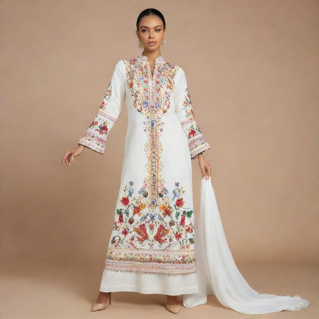 A cartoon-style image of a VIP prayer dress in off white color, adorned with vibrant, multi-coloured embroidery. The dress features unique, fashion-forward cuts