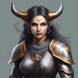 This is a high-quality digital art image featuring a Teifling with grey skin and dark hair