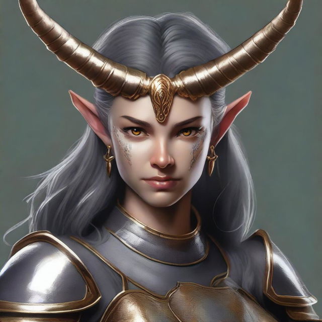 This is a high-quality digital art image featuring a Teifling with grey skin and dark hair