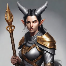 This is a high-quality digital art image featuring a Teifling with grey skin and dark hair