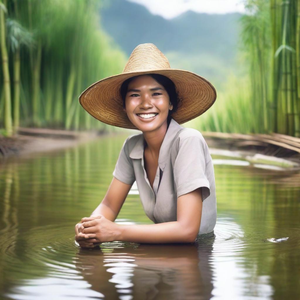 A high-definition, realistic photograph of an Indonesian female farmer