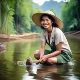 A high-definition, realistic photograph of an Indonesian female farmer