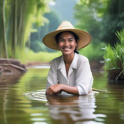 A high-definition, realistic photograph of an Indonesian female farmer