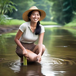 A high-definition, realistic photograph of an Indonesian female farmer