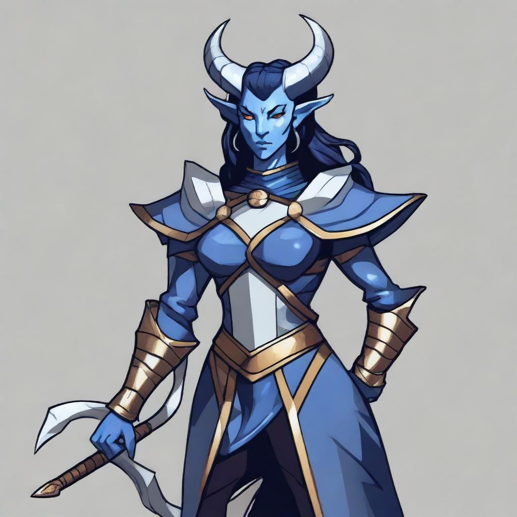 An image of a Dungeons and Dragons character, a Tiefling, is depicted in a flat design style