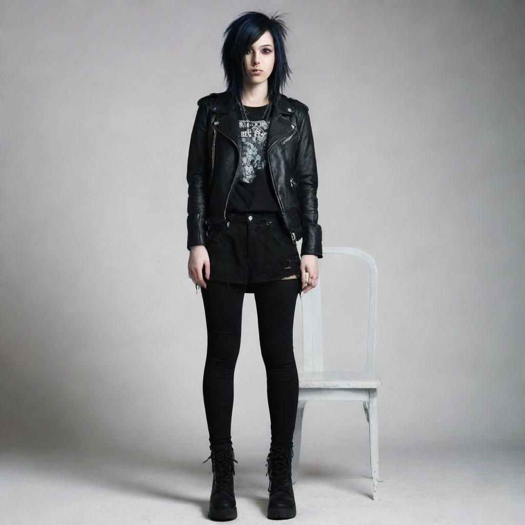 An emo-style girl with distinctive, alternative fashion standing assertively on a chair, evoking a sense of rebellious spirit.