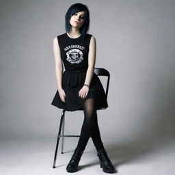 An emo-style girl with distinctive, alternative fashion standing assertively on a chair, evoking a sense of rebellious spirit.