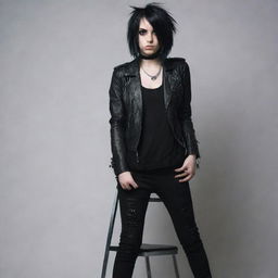 An emo-style girl with distinctive, alternative fashion standing assertively on a chair, evoking a sense of rebellious spirit.