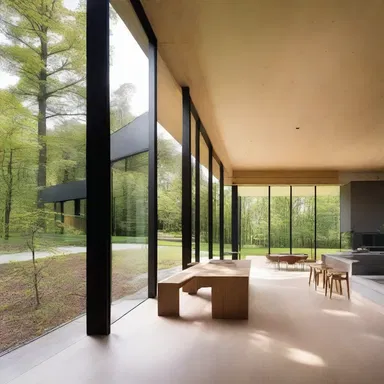 The architect designed a modern house with large windows and an open floor plan, creating an isotonic solution between the interior and the surrounding natural landscape.