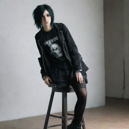 An emo-style girl with distinctive, alternative fashion standing assertively on a chair, evoking a sense of rebellious spirit.