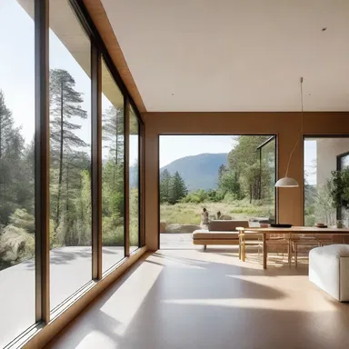 The architect designed a modern house with large windows and an open floor plan, creating an isotonic solution between the interior and the surrounding natural landscape.