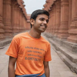 A young man named Rohit, wearing an orange T-shirt with a bold sans-serif inscription, captivated by the vibrant surroundings of the Ram temple in Ayodhya, India.