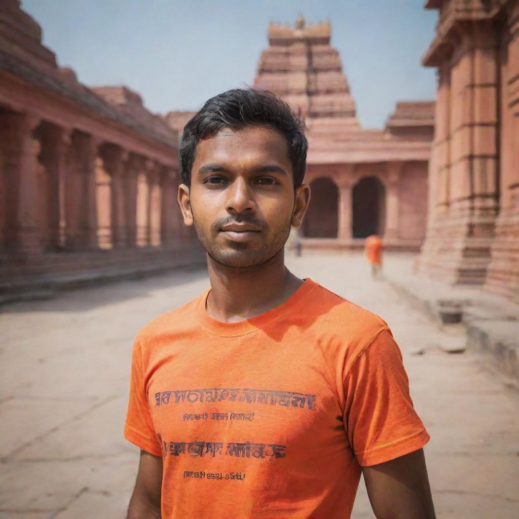 A young man named Rohit, wearing an orange T-shirt with a bold sans-serif inscription, captivated by the vibrant surroundings of the Ram temple in Ayodhya, India.