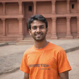 A young man named Rohit, wearing an orange T-shirt with a bold sans-serif inscription, captivated by the vibrant surroundings of the Ram temple in Ayodhya, India.