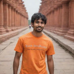 A young man named Rohit, wearing an orange T-shirt with a bold sans-serif inscription, captivated by the vibrant surroundings of the Ram temple in Ayodhya, India.