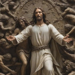 An intricate and detailed image of Jesus protecting an individual from various dangers, embodying divine protection and comforting presence