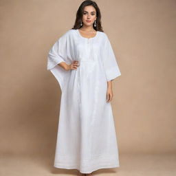 An elegant, free size kaftan-style prayer dress in white, adorned with modern, intricate embroidery.