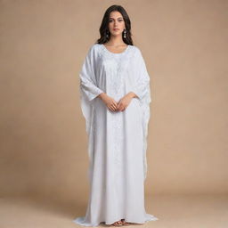 An elegant, free size kaftan-style prayer dress in white, adorned with modern, intricate embroidery.